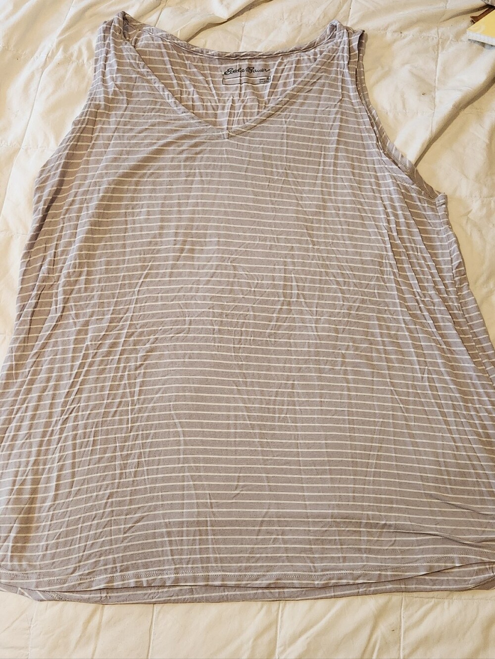 Eddie Bauer Light Grey and White Striped V-Neck Tank